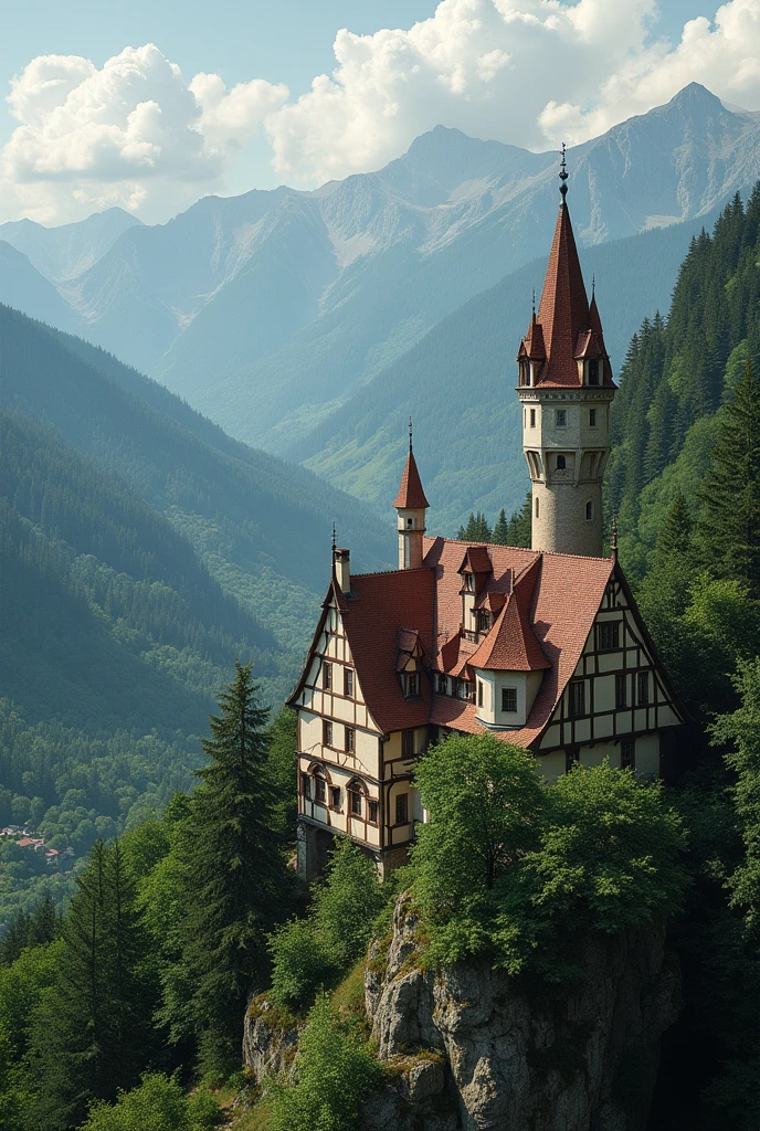 a beautiful kingdom inspired by French villages which is about a 100 years ago viewed from a mountain peak with a big palace in the far most sight also induce houses around the palace