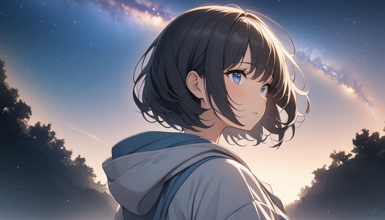 Starry Sky、milky way、One woman、Black Hair、Short Hair、Hair blowing in the wind、Blue Eyes、Wearing a hoodie、Back view、Upper Body、Low - Angle