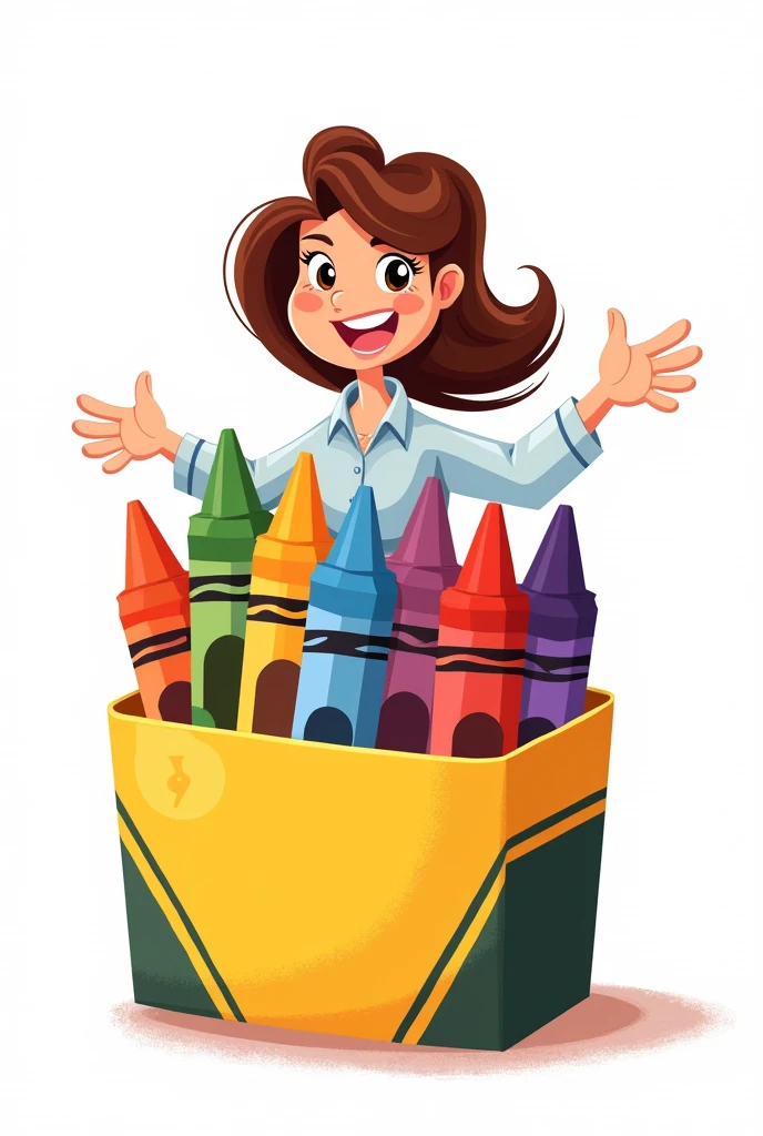 (Cartoon) A box of crayon illustarting  a teacher,it points and happy.white background.