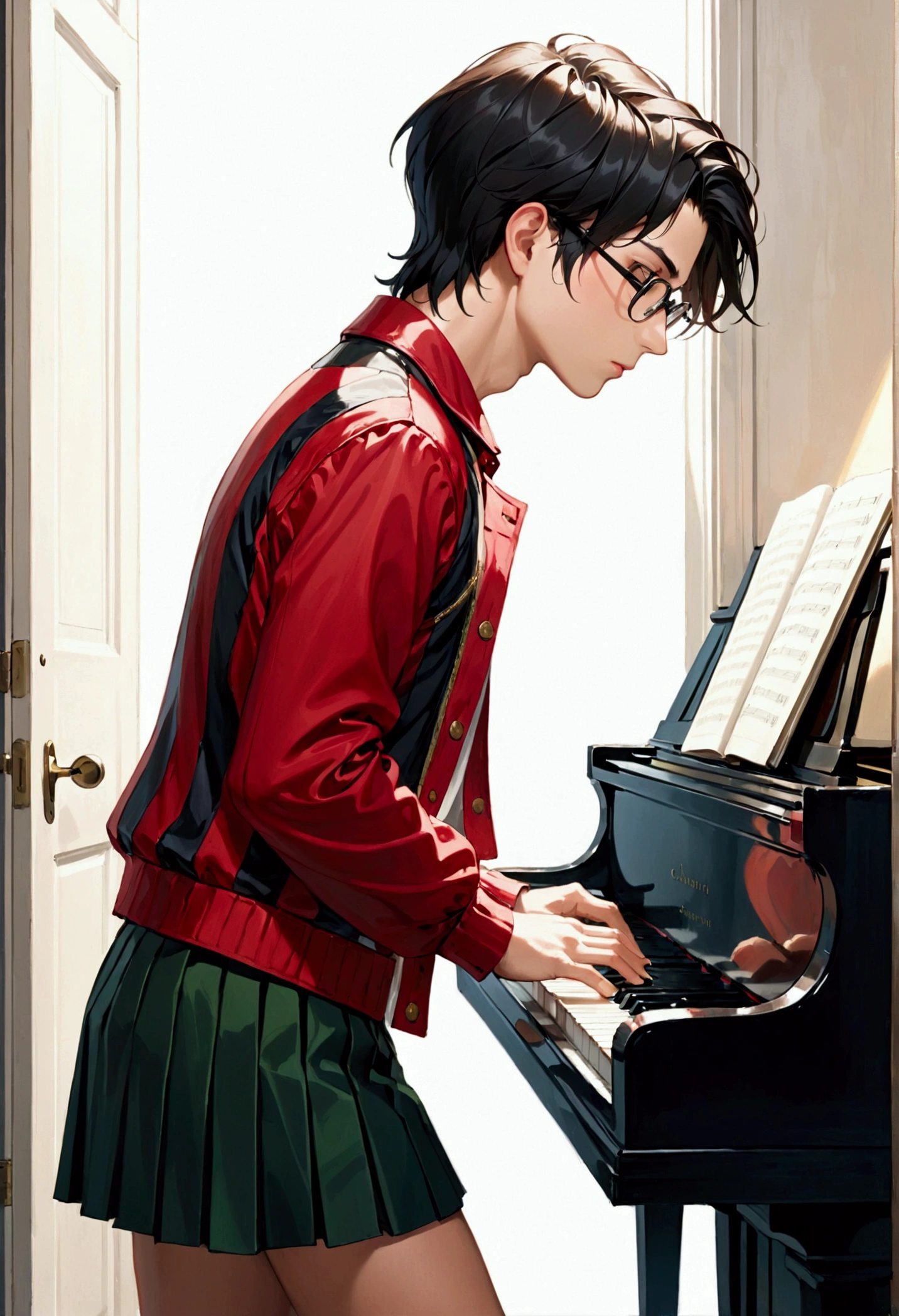 In the right corner a tall, thin young man wearing a striped blouse, black hair and white skin plays the piano which is leaning against the wall near a door on the left, and it is only possible to see from the waist up of the young man from behind. The door is open and on the outside in the left corner it is possible to see a teenage girl in profile, thoughtful, of medium height, black hair and light brown skin ,he wears glasses and is wearing a red blouse covered by a small denim jacket and also wears a knee-length skirt, in the image it is only possible to see from her knee up. Create an image with a baroque painting by Caravaggio.