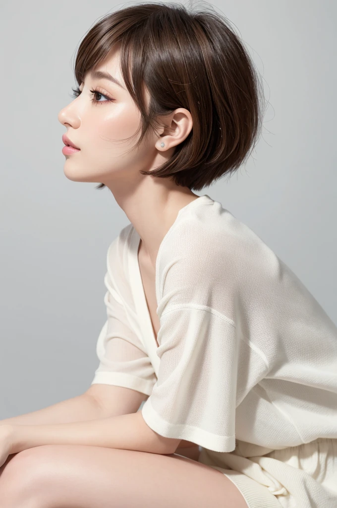 (Highest quality、Tabletop、8k、Best image quality、Award-winning works)、((profile:1.4))、ear、((short hair:1.46)),(Brown Hair)、(White casual clothing:1.2)、(The simplest pure white background:1.3)、(Perfectly fixed in front:1.1),(Portrait with space:1.2)、Beautiful and exquisite、Perfect Makeup、Ultra-high definition beauty face、Ultra HD Hair、Ultra HD Shining Eyes、Super high quality glossy lip、Accurate anatomy、Very beautiful skin、(Pure white skin shining in ultra-high resolution:1.1)、(Very bright:1.2),Big Natural Color Lip、Lip gloss,Harajuku、cute、cute美人、whole body、Sitting