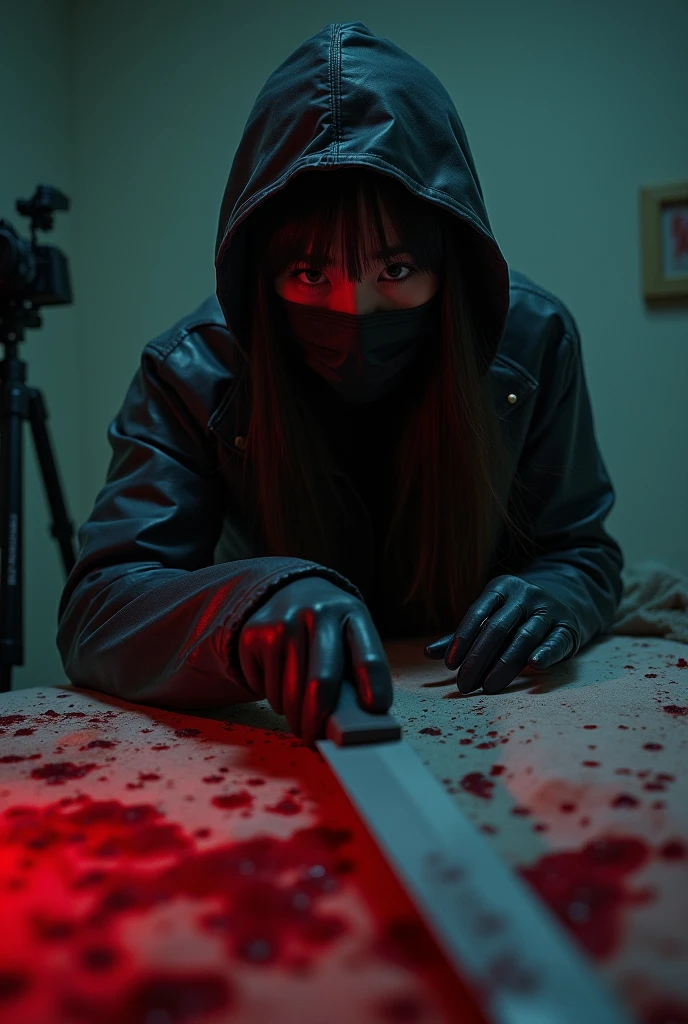 korean girl, (behind corpse, holding knife), black surgical mask, black leather gloves, room full of blood, black raincoat, hood up, holding knife, leather gloves, woman on top, behind corpse, blood splatter, bed room, night, mass murderer, killer, long bangs, blood splatter, dark atmosphere, cinematic lighting, atmospheric realistic, red lighting, close-up, tripod and camera in the back, shooting with camera