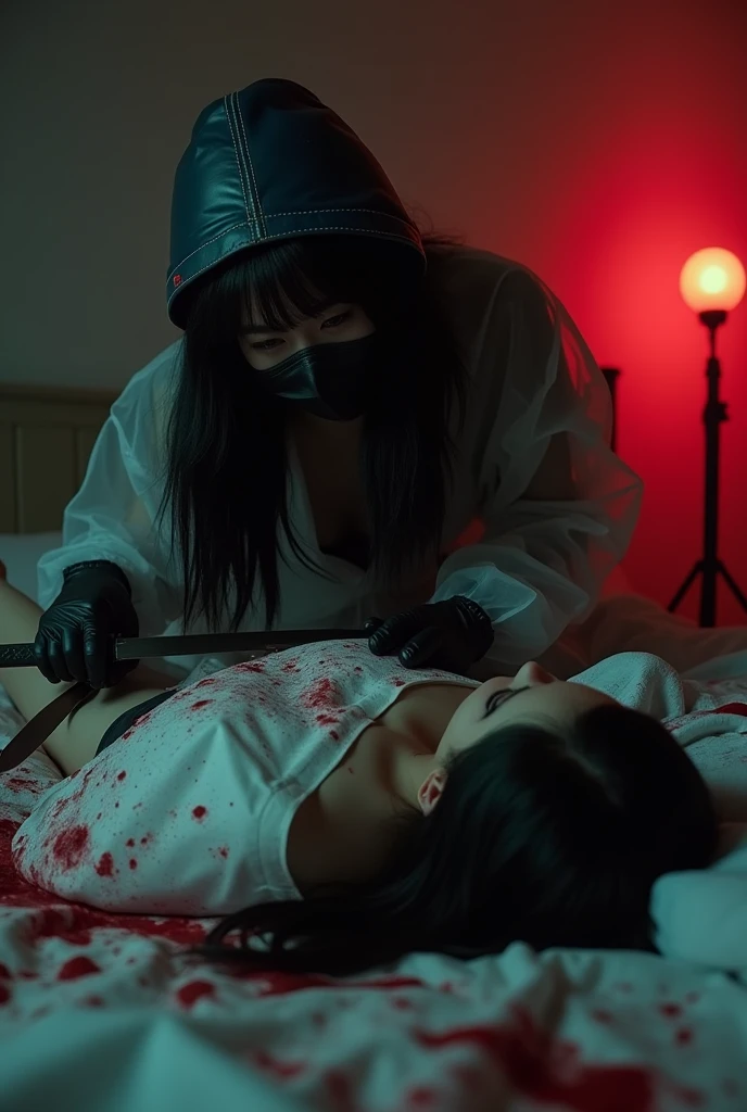 korean girl, (behind corpse, holding knife), black surgical mask, black leather gloves, room full of blood, transparent raincoat, hood up, holding knife, leather gloves, woman on top, behind corpse, blood splatter, bed room, night, mass murderer, killer, long bangs, blood splatter, dark atmosphere, cinematic lighting, atmospheric realistic, red lighting, close-up, tripod and camera in the back, shooting with camera
