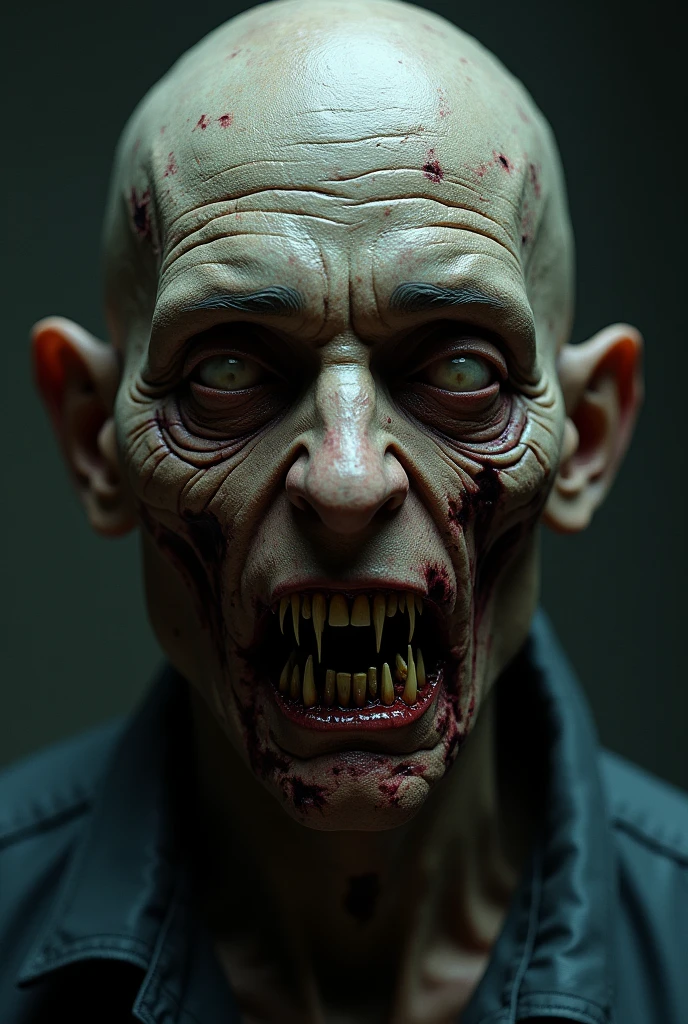 A horrifying close-up of a villager's decayed face, with hollow eyes and a twisted grin.