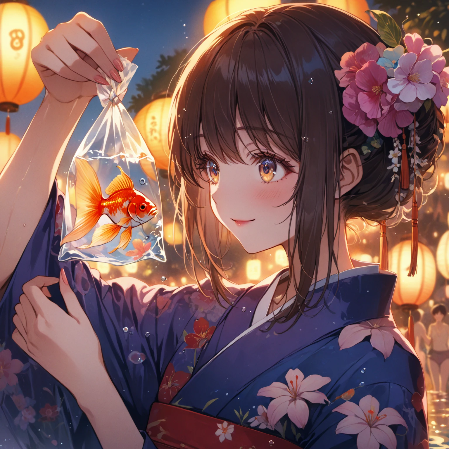 score_9_up, score_9, score_8_up, score_7_up, source_anime,masterpiece, best quality, high resolution, extremely detailed CG, absurdres, highres,On the evening of the summer festival, 1girl, solo, a girl in a yukata holds a goldfish in a small transparent plastic bag. The girl lifts the bag in front of her eyes and looks ahead through the water in the bag with a gentle smile, good_hands, Long eyelashes, detailed beautiful eyes, looking away, NegPDXL-DHP