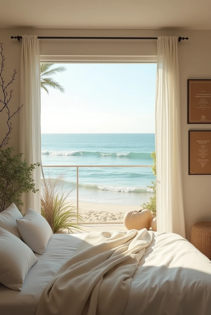 The bedroom window opens to a balcony overlooking the sandy beach and ocean., The interior is decorated in cream color. The bed is covered with a thick, soft, white blanket., There are four white pillows on the bed.,The wall is decorated with fake vines and brown posters.