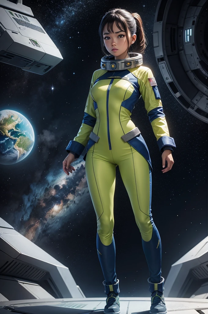 Create a unique uniform for a team of space explorers similar to the uniforms from the franchise "star"trek" using golden colors, Silver and blue for men, Women and green-skinned alien warriors and blue telepaths on the command bridge of a massive starship, with the human captain at the helm.