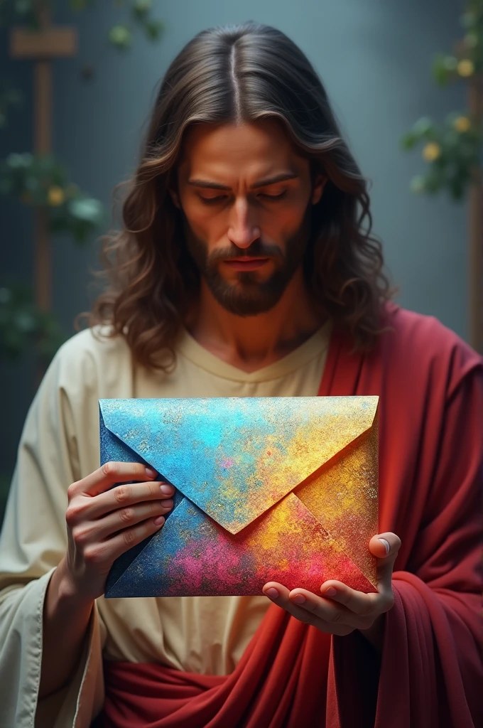 Jesus with a mysterious envelope with striking colors