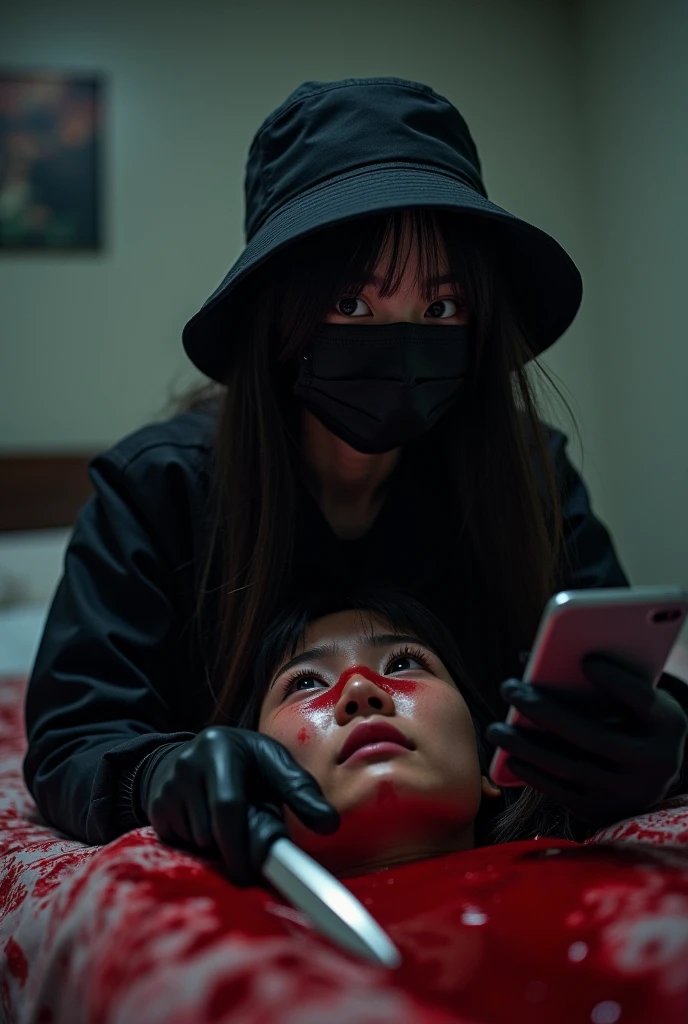 korean girl, (behind corpse, smartphone), black surgical mask, black gloves, room full of blood, black raincoat, bucket hat, holding knife, black gloves, woman on top, looking at viewer, behind corpse, blood splatter, on the bed, night, mass murderer, killer, long bangs, blood splatter, dark atmosphere, cinematic lighting, atmospheric realistic, red lighting, close-up, take a photo with her smartphone