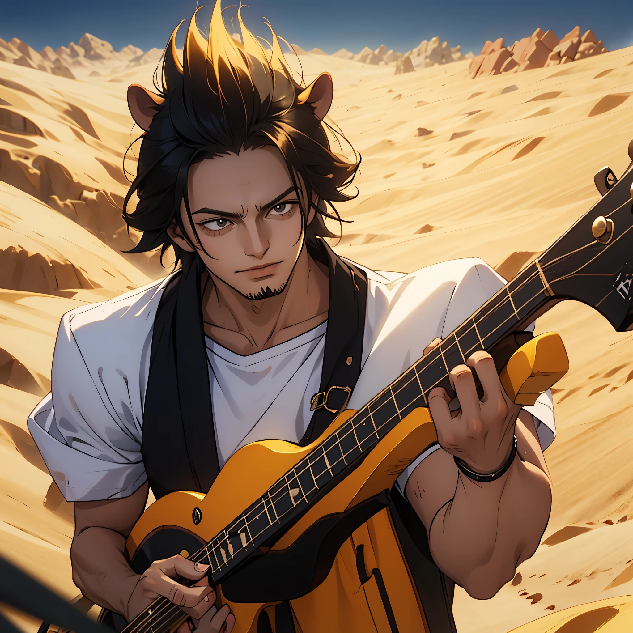 hedgehog man, guitarist in a sand desert
