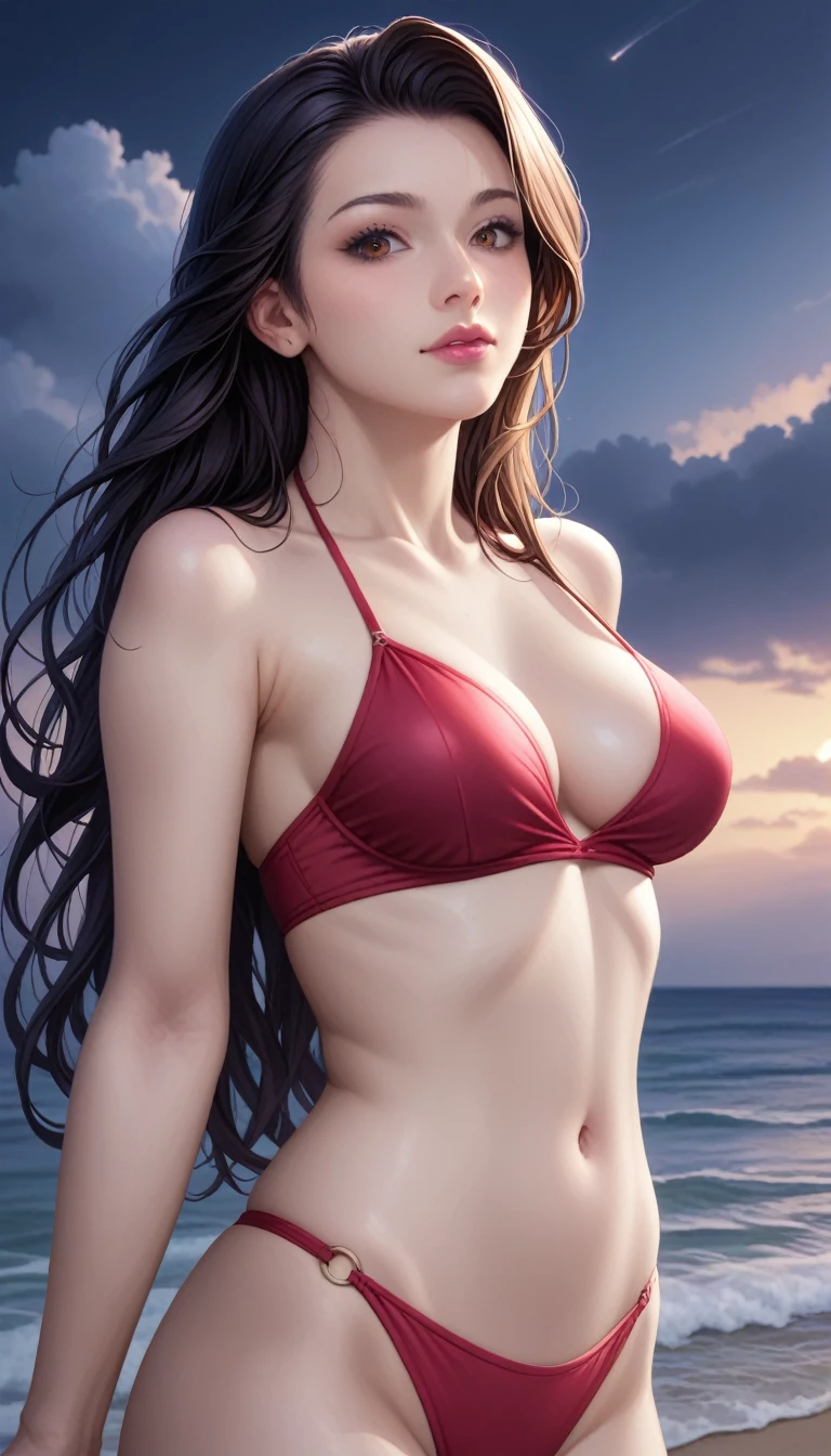 score_9, score_8_superior, score_7_superior, High-resolution CG illustration,A masterpiece in 32K resolution,Highest quality,it is really amazing,Very detailed,Ultra-high resolution,Ultra-realistic,Realistic,Increased depth of field,Cinematic lighting,
Sexy mature Japan woman,
Straight long hair with black hair,Ultra-detailed and beautiful face,Calm and gentle look,Beautiful brown eyes,Translucent white skin,Realistic skin texture,Great proportions,
Elegant red swimsuit,
Simple design,Chic color scheme based on red,Detailed fabric texture,
(Dark overcast sky on a dull night:1.1),(Dark clouds filling the sky:1.1),Thundercloud,Coastline at night,Stormy seas,delay々A desolate sandy beach that continues,
Beautiful back view,