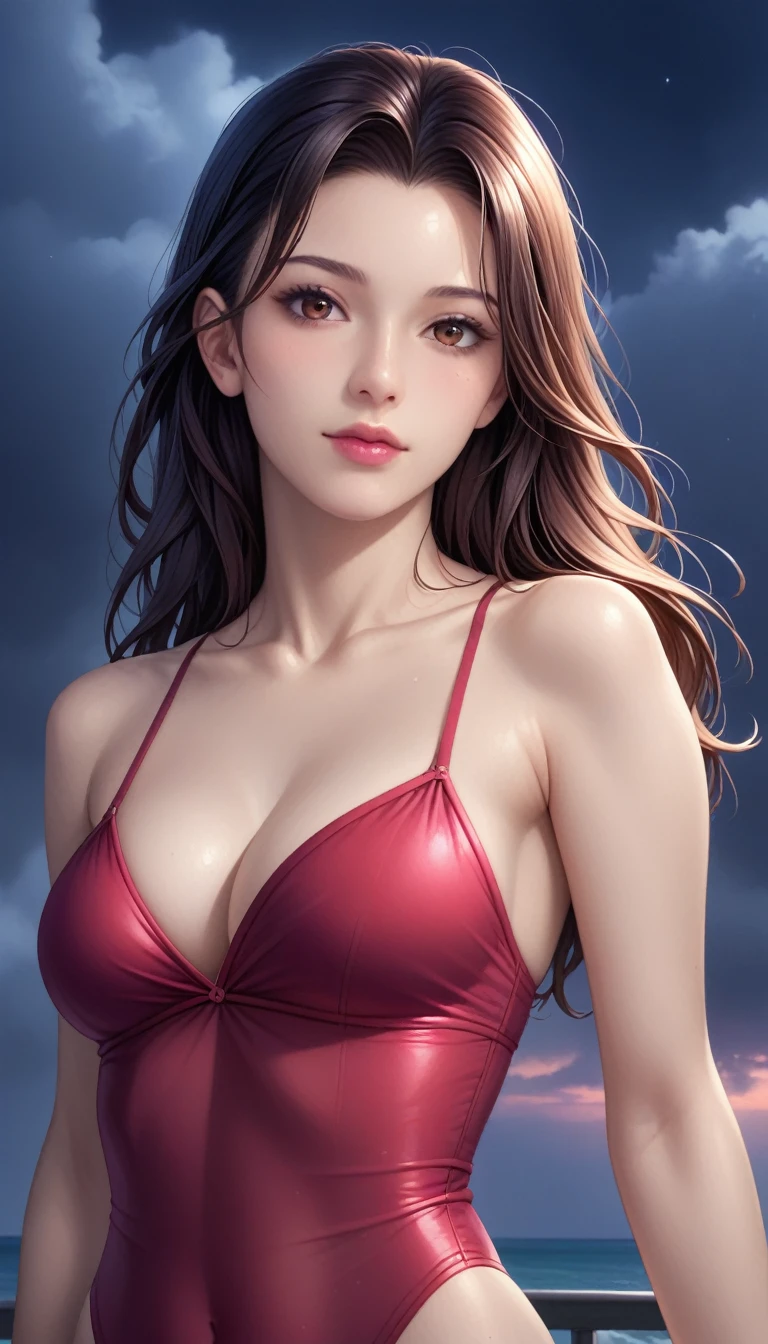 score_9, score_8_superior, score_7_superior, High-resolution CG illustration,A masterpiece in 32K resolution,Highest quality,it is really amazing,Very detailed,Ultra-high resolution,Ultra-realistic,Realistic,Increased depth of field,Cinematic lighting,
Sexy mature Japan woman,
Straight long hair with black hair,Ultra-detailed and beautiful face,Calm and gentle look,Beautiful brown eyes,Translucent white skin,Realistic skin texture,Great proportions,
Elegant red swimsuit,
Simple design,Chic color scheme based on red,Detailed fabric texture,
(Dark overcast sky on a dull night:1.1),(Dark clouds filling the sky:1.1),Thundercloud,Coastline at night,Stormy seas,delay々A desolate sandy beach that continues,
Beautiful back view,