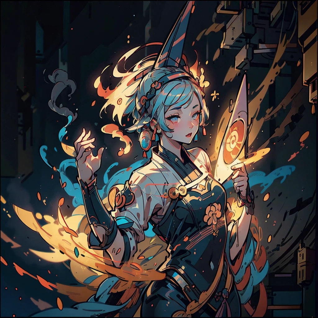 ((a singer)), ((a singer)), singing. parchment, Tetalhes Oriental, Chinese style drawing , particles, smoke, neon glow, cone quality, cinematic light style. 8k. Party Finder, party ao fundo. background blur
