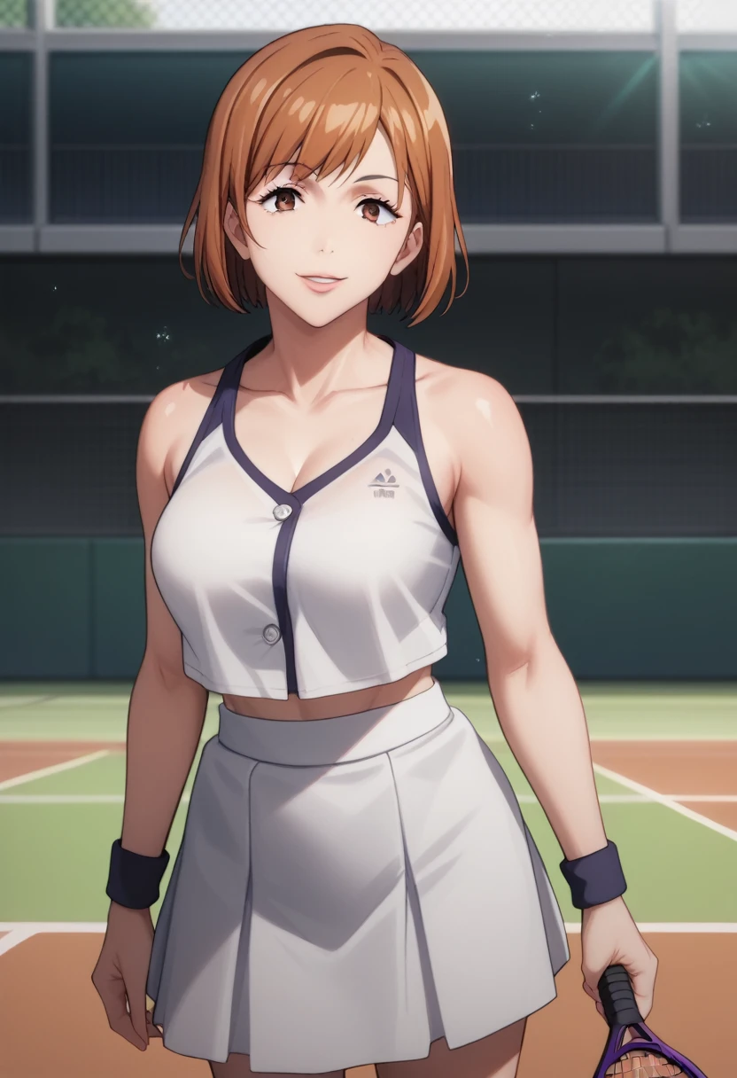 score_9,score_8_up,score_7_up,score_6_up,score_5_up,score_4_up BREAK skinny, medium breasts, outdoors ,shiny skin,bokeh,bloom,indoors,light particles, tennis court,1girl, clear eyes, Nobara, dark orange hair, bob hair, brown eyes, medium lips, mature female, ((perfect model body)), naughty smile, parted lips, medium breast, ((white tank, white tennis skirt)), seductive pose, 