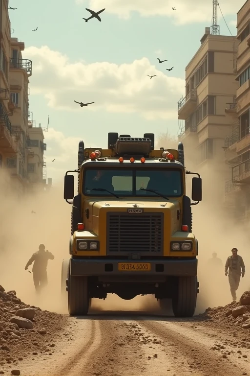 A missile-carrying truck speeds through the Palestinian city, rocks are flung high into the air, and dust billows up.