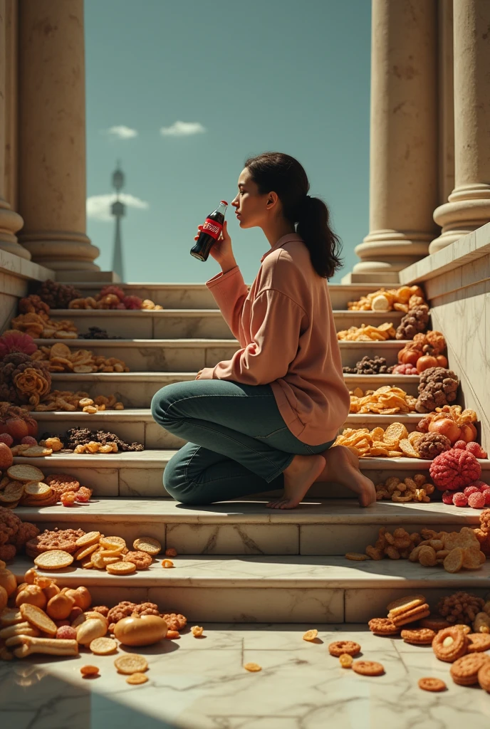 A wide shot of someone drinking Coca-Cola while kneeling with marble steps in front of them in profile perspective., with junk food on each,