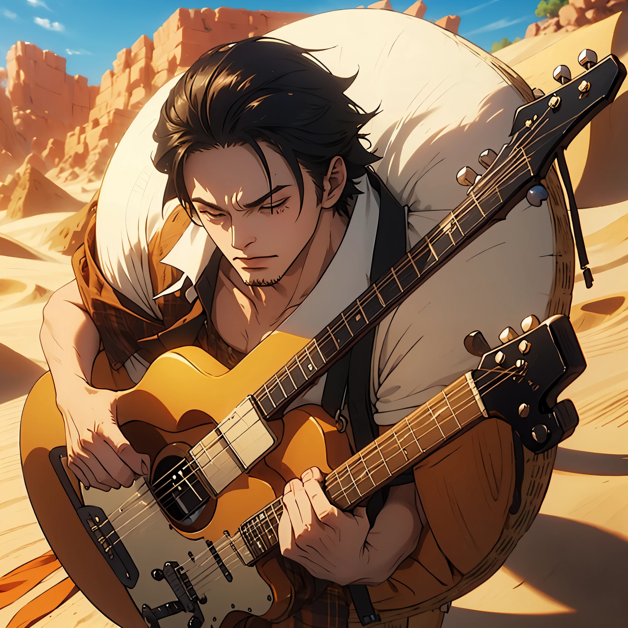 hedgehog man, guitarist in a sand desert