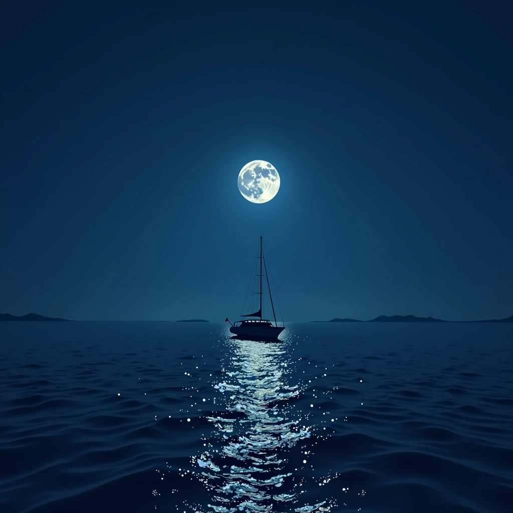 The moon is out over the sea at night、The yacht is sailing。