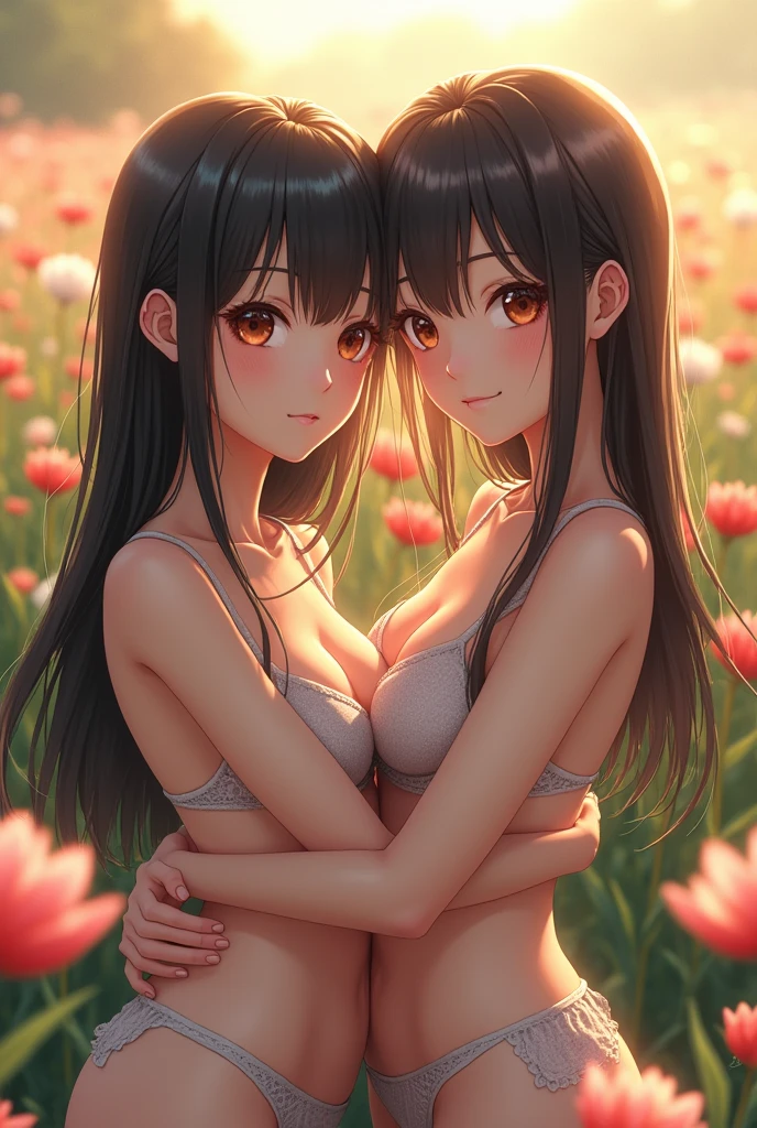 (masterpiece,Highest quality:1.4),(8k,RAW Photos,Photorealistic:1.2),Ultra-high resolution, ,(Glowing Skin:1.4),Detailed skin,Detailed face,Detailed eyes,(Beautiful and shining eyes:1.2),Symmetrical eyes,Detailed ears,Two people,Natural Makeup,(((Cute Japanese Idols))),((Beautiful Japanese)),(Golden ratio face),Detailed Background,Beautiful and shiny hair,,smile,(((Two girls in love))),((Average age breasts)),((Lesbian)),Upper Body,(Details of the latest sexy lingerie in 2024),((to kiss)),((Sharp Face)),Natural light,,(Very detailed ,Trend design for 2024,online shopping,LUMINE® Market,),((Cute elementary school student)),,((Saika Kawakita)),saika1,((Tifa_lockhart)),black_hair,long_hair,Average chest,(Detailed flower field,Location was great.),