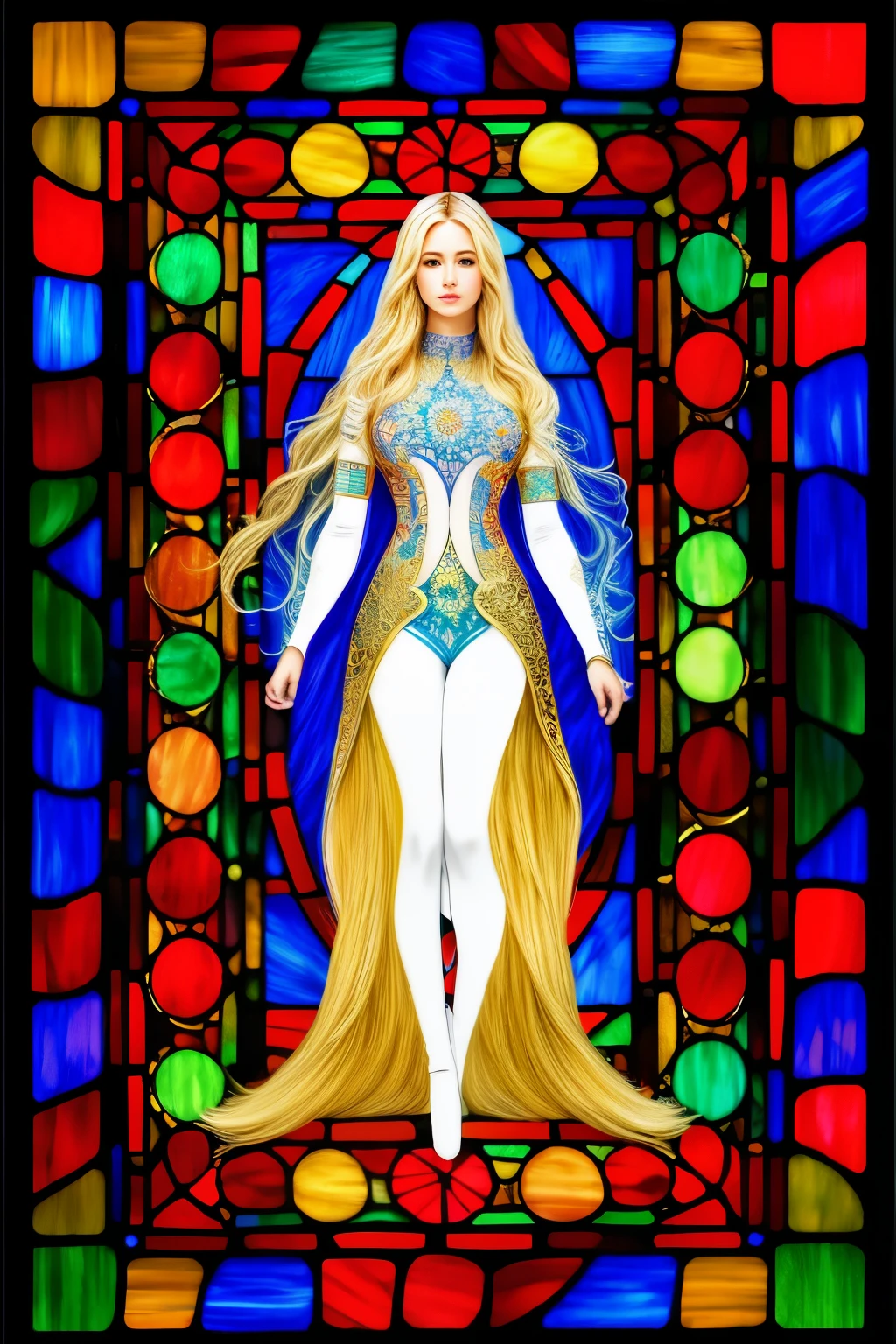 (masterpiece, best quality), 8K,(((Very detailed))), Race:1.8,Super intricate Race pattern,colorful Race pattern,Stained glass background transparent body, Mandala,Light Up,cold, 1 female,Open back,(blonde super long hair),
