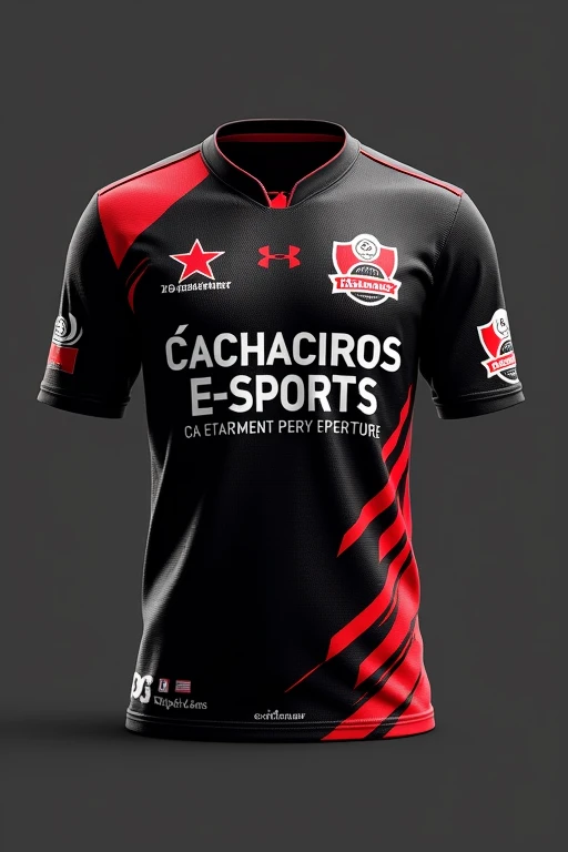 Shirt written CACHACEIROS E-SPORTS with Heineken sponsorship, the shirt has a stripe on each side and the colors the shirt has are black and red.