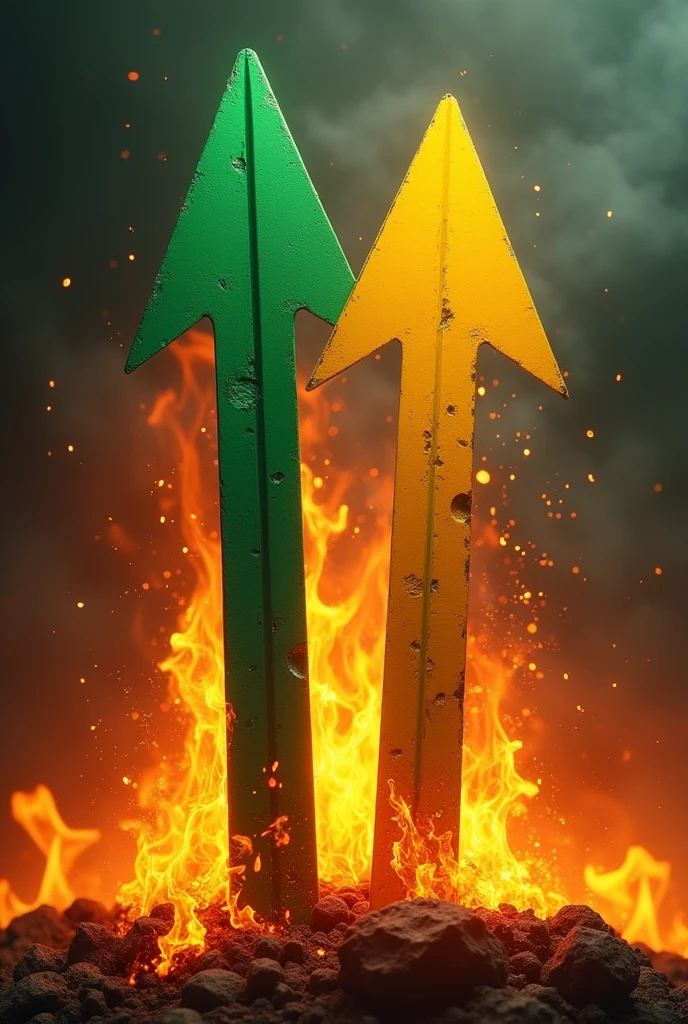 Create A Image With Green And Gellow Arrow With Backside Fire In It Generate As PNG
