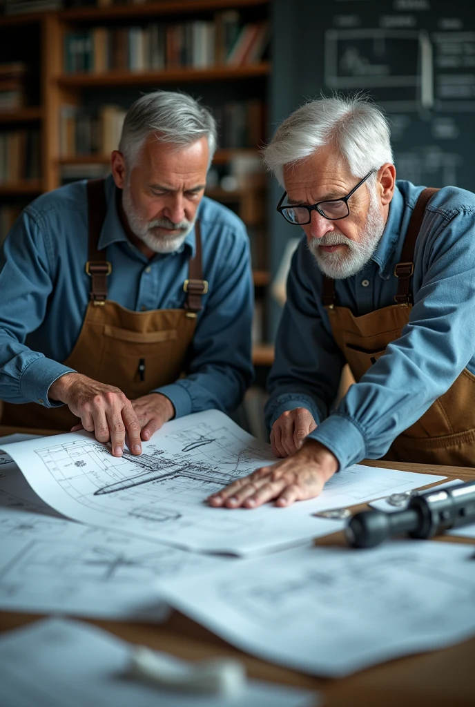 Two middle aged engineer working on the blue prints of aeroplane  in a room the background of the room is rhetoric 