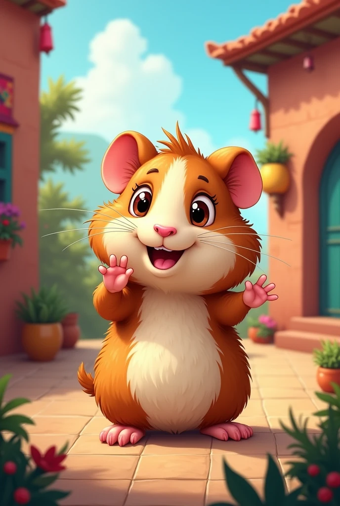 Create an animated Peruvian guinea pig waving with its right hand