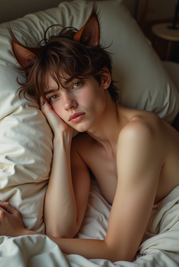 realism.18 year old boy. brown haired has brown cat ears and tail. brown eyes. Naked, lying on the bed