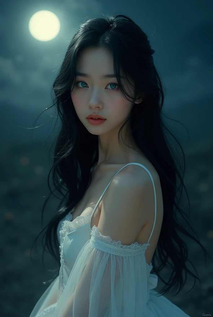 beautiful asian girl, white skin, long black hair, bright turquoise eyes, old white chemise, standing in the night under the moonlight