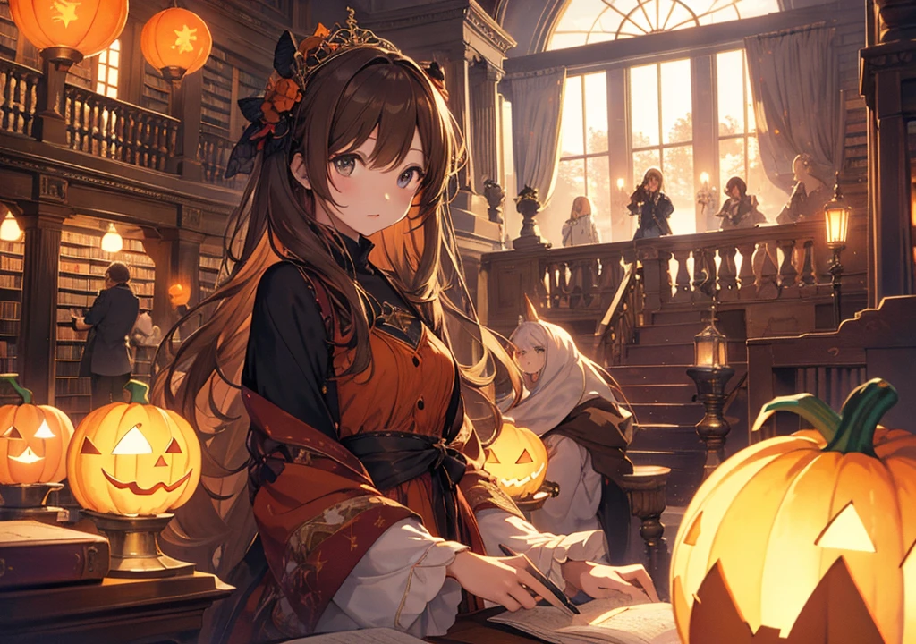 Realistic photos, Focus distance 10mm, Red and white, Beautiful girl, Realistic photos, Shooting at focus distance 10mm, masterpiece, 最high quality, high quality, Very detailed CG 8k wallpaper unit, Award-winning photography, Depth of written boundary, High resolution, bloom, chromatic aberration, Realistic, Very detailed, Art Station Trends, CGsociety Trends, Complex, High detail, dramatic, Art on the go, volumetric lighting, A brown-haired Disney princess-esque girl is talking to ghosts while searching for a magical book in an old library on Halloween night. Pumpkin lanterns and floating candles can be seen in the background