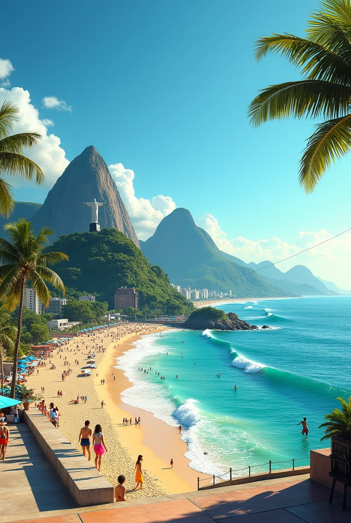 Create an image with the beach, Christ the Redeemer, Copacabana Sidewalk, o Sugar Loaf , cable car, people surfing, Fernando de Noronha