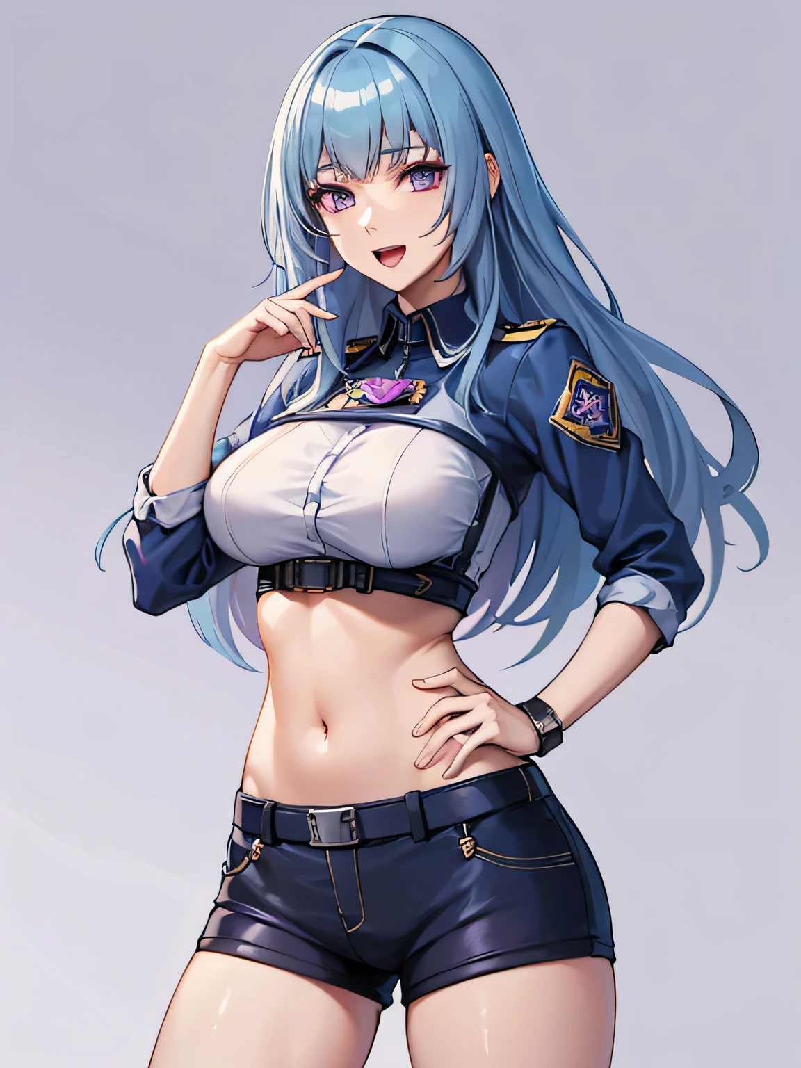 spolicewoman,(Holding handcuff),(highest quality:1.4),unreal engine,masterpiece,super resolution, very detailed, 1 woman,big breasts, waist, thin, open mouth,(muscular:0.8) ,(light blue long hair:1.1),aroused,purple eyes ,light smile,Shorts, belly button exposed