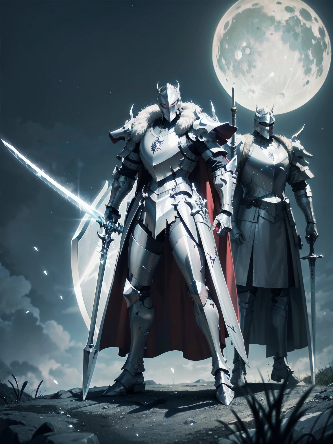 masterpiece, Superior image quality, High resolution, 4k image,Photo and gross, photorealistic, Knight in silver armor, red cape, face covered by a helmet, white energy aura around the knight,  (He wields a sword and holds a shield), forest, at night, background moon