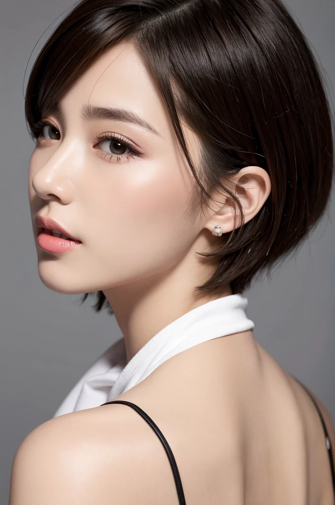 (Highest quality、Tabletop、8k、Best image quality、Award-winning works)、((profile:1.4))、ear、((short hair:1.46)),(Brown Hair)、(Black casual clothes:1.2)、(The simplest pure white background:1.3)、(Perfectly fixed in front:1.1),(Portrait with space:1.2)、Beautiful and exquisite、Perfect Makeup、Ultra-high definition beauty face、Ultra HD Hair、Ultra HD Shining Eyes、Super high quality glossy lip、Accurate anatomy、Very beautiful skin、(Pure white skin shining in ultra-high resolution:1.1)、(Very bright:1.2),Big Natural Color Lip、Lip gloss,Harajuku、cute、cute美人、whole body、Sitting