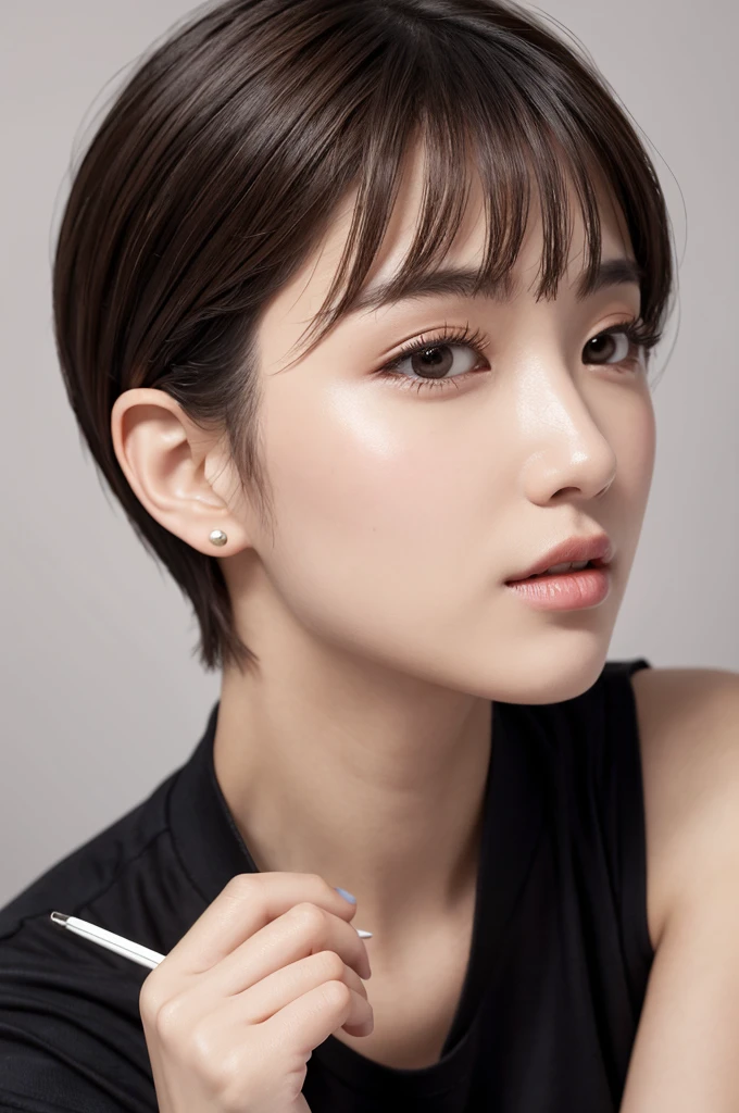 (Highest quality、Tabletop、8k、Best image quality、Award-winning works)、((profile:1.4))、ear、((short hair:1.46)),(Brown Hair)、(Black casual clothes:1.2)、(The simplest pure white background:1.3)、(Perfectly fixed in front:1.1),(Portrait with space:1.2)、Beautiful and exquisite、Perfect Makeup、Ultra-high definition beauty face、Ultra HD Hair、Ultra HD Shining Eyes、Super high quality glossy lip、Accurate anatomy、Very beautiful skin、(Pure white skin shining in ultra-high resolution:1.1)、(Very bright:1.2),Big Natural Color Lip、Lip gloss,Harajuku、cute、cute美人、whole body、Sitting