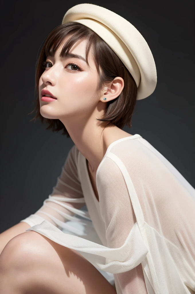 (Highest quality、Tabletop、8k、Best image quality、Award-winning works)、((profile:1.4))、ear、((short hair:1.46)),(Brown Hair)、(Black casual clothes:1.2)、(The simplest pure white background:1.3)、(Perfectly fixed in front:1.1),(Portrait with space:1.2)、Beautiful and exquisite、Perfect Makeup、Ultra-high definition beauty face、Ultra HD Hair、Ultra HD Shining Eyes、Super high quality glossy lip、Accurate anatomy、Very beautiful skin、(Pure white skin shining in ultra-high resolution:1.1)、(Very bright:1.2),Big Natural Color Lip、Lip gloss,Harajuku、cute、cute美人、whole body、Sitting