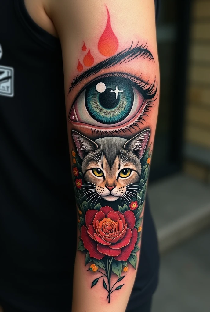 Tattoo of an eye on the arm with a cat, in an Indonesian style.
