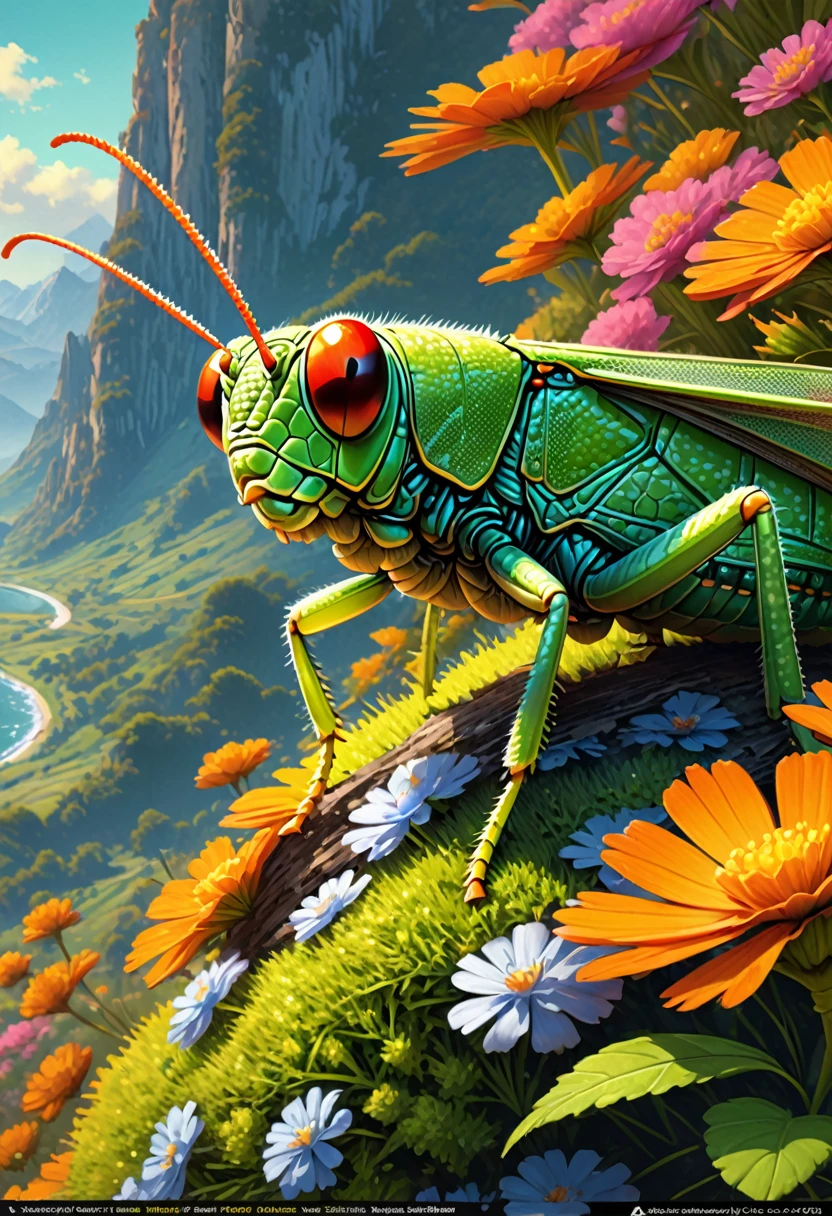 A wolly furry grasshopper. Official Art – Charecter profile. An Award-Winning Digital Masterpiece In 4K Ultra HD, Extreme Detail And Intricate Realism. Symmetrical Face. This Concept Art Brought To Life By The Hands Of Artists Like Wlop & Artgerm In A Stunning 2D Vector Illustration.Background Is A Panoramic Vista.
