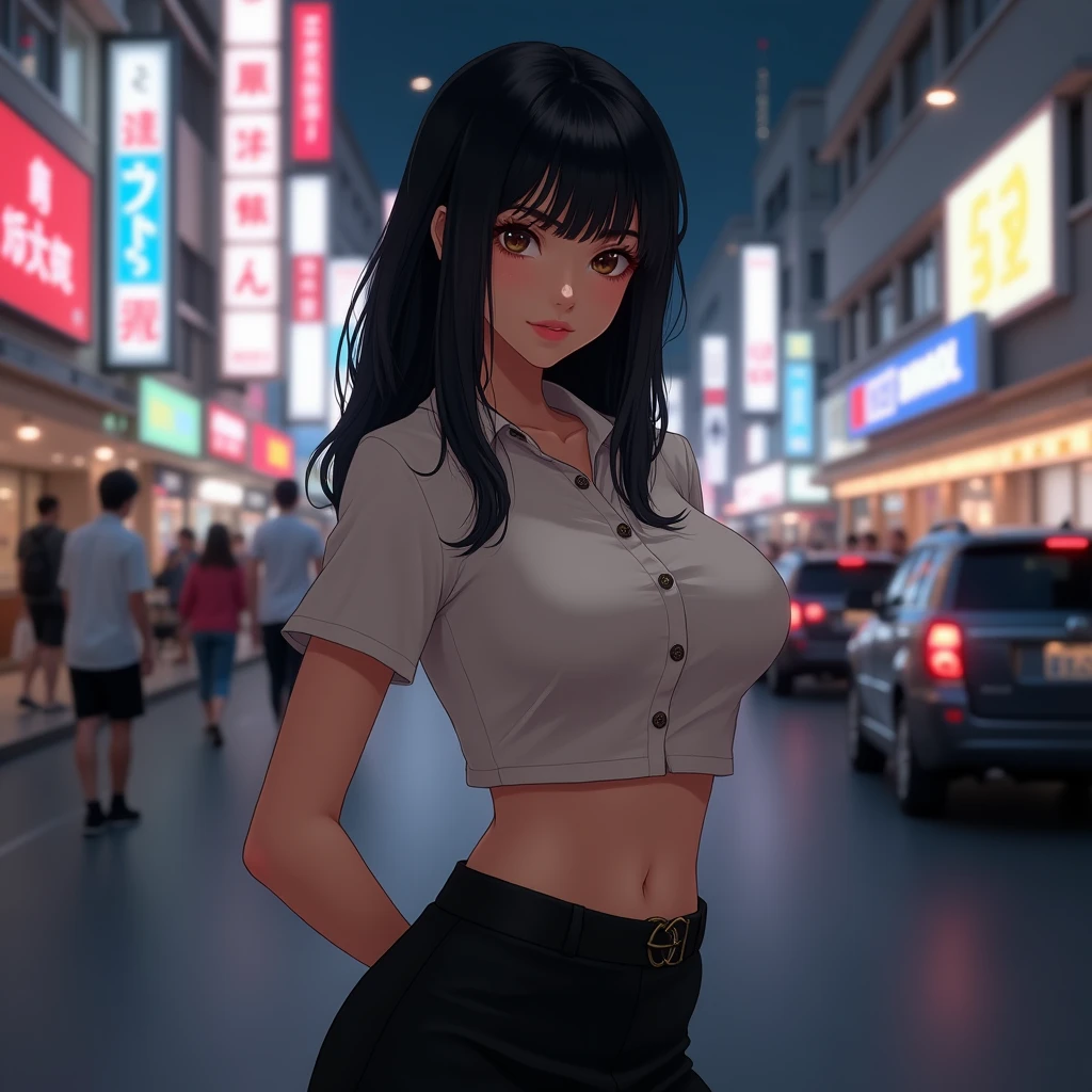 (((best quality))),1 female,slender face,(((arms behind))),(((cool beauty))),Black Hair,Brown Eyes,medium hair,straight hair,small breasts,looking at viewer,25 years old,No pubic hair,Height: 160cm,(full body),blouse,Standing in a busy street at night,mini skirt,Provocative look,bangs