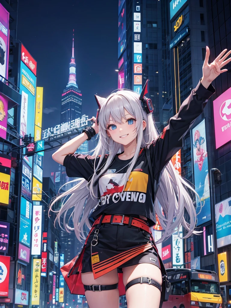 High resolution,Perfect Anatomy,Accurate anatomy,1 person ,Trending Hair,Trending Hair color,Trendy T-shirt,Future City TOKYO, cyber punk,head whole,Various poses,smile,はにかむsmile,恥ずかしそうなsmile
