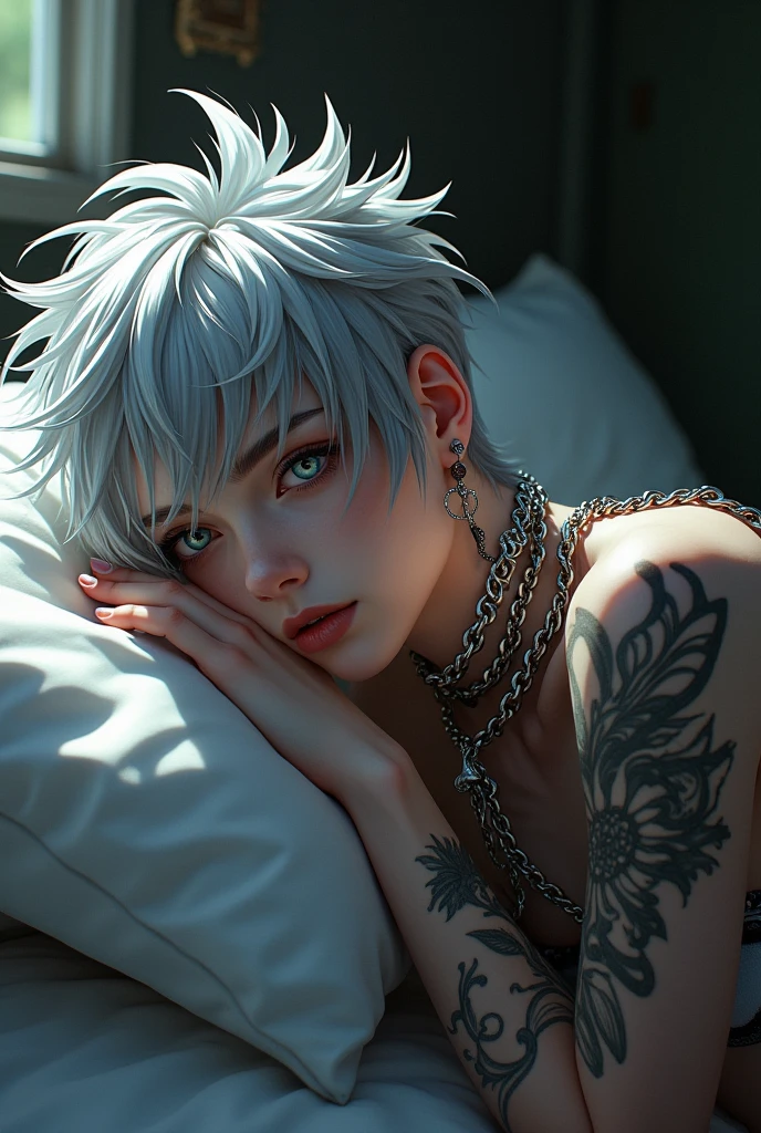 Male figure, teenage young man, white pale skin, grey tousled hair, piercing grey eyes, captivatingly androgynous look. He is adorned with intricate tattoos, piercings and a multitude of silver chains, striking and rebellious aesthetic. He has sweating summer, a flushed expression because summer. [anime dark edgy, fantasy genre, sleep, head on pillow.], [Dramatic lighting, dark color palette, sharp details, textured skin, perfect hand] [Naked, sensual posture]