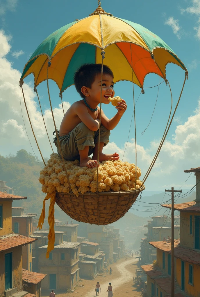 Poor child sitting on top of a large kite and eating paçoca