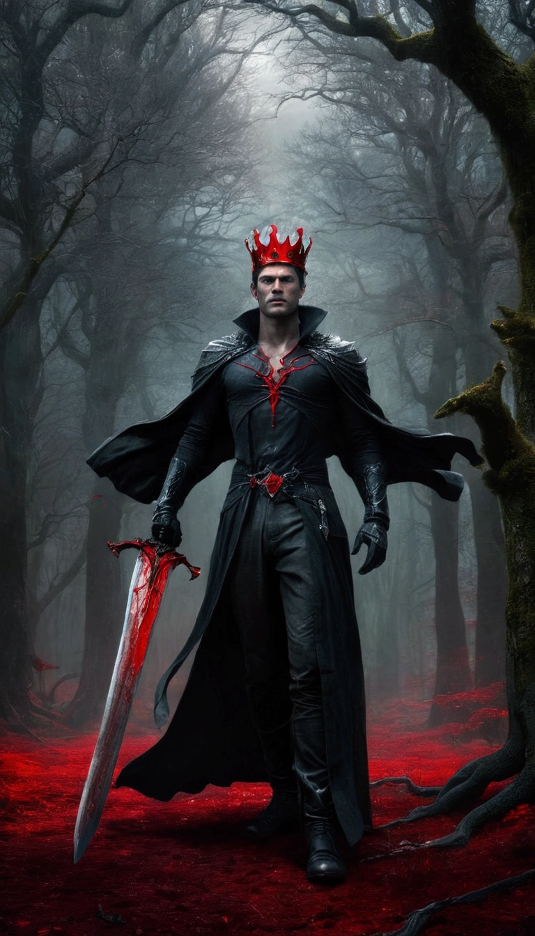 A man standing in a forest with leafless trees. He is wearing a dark coat with red accents and is wearing a crown on his head. From the character's body and arms, dynamic blood swirls emanate from him creating an almost circular pattern around him. The pools of blood seem to emanate from the man&#39;s being, suggesting a sense of supernatural power or ability. He is also holding a sword in his right hand., pointing down. The overall atmosphere of the image is dark and melancholic, with the red elements providing a stark contrast to the gray tones of the forest and sky. Extremely detaild, 8k, HDR, natural light, cinematic lighting, masterpiece-anatomy-perfect, ultra HD, RAW photo, metallic, professional, ultra-fine painting, perfect body proportions, anatomically correct, uhd, real texture material, Anti-Aliasing, FKAA, TXAA, SSAO, Post Processing, Post Production, Tone Mapping, CGI, VFX, SFX, hyper maximalist, Volumetric, ultra photorealultra-detailed intricate details