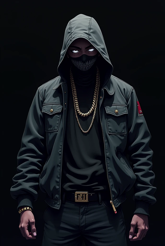 Anime rapper man wearing hip hop mask with  black background