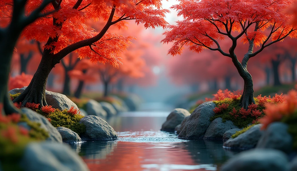 Fiery red maple trees,Miniature Models,Surrounded by crystal clear springs,color,8k,Exquisite and stunning scenery