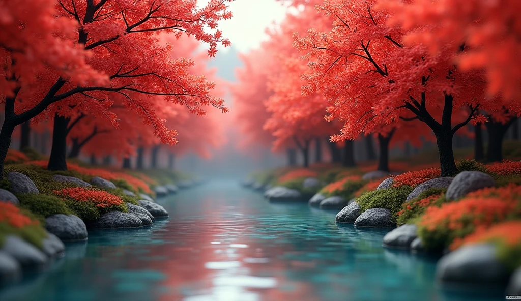 Fiery red maple trees,Miniature Models,Surrounded by crystal clear springs,color,8k,Exquisite and stunning scenery