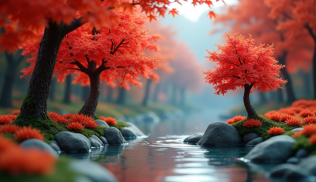 Fiery red maple trees,Miniature Models,Surrounded by crystal clear springs,color,8k,Exquisite and stunning scenery