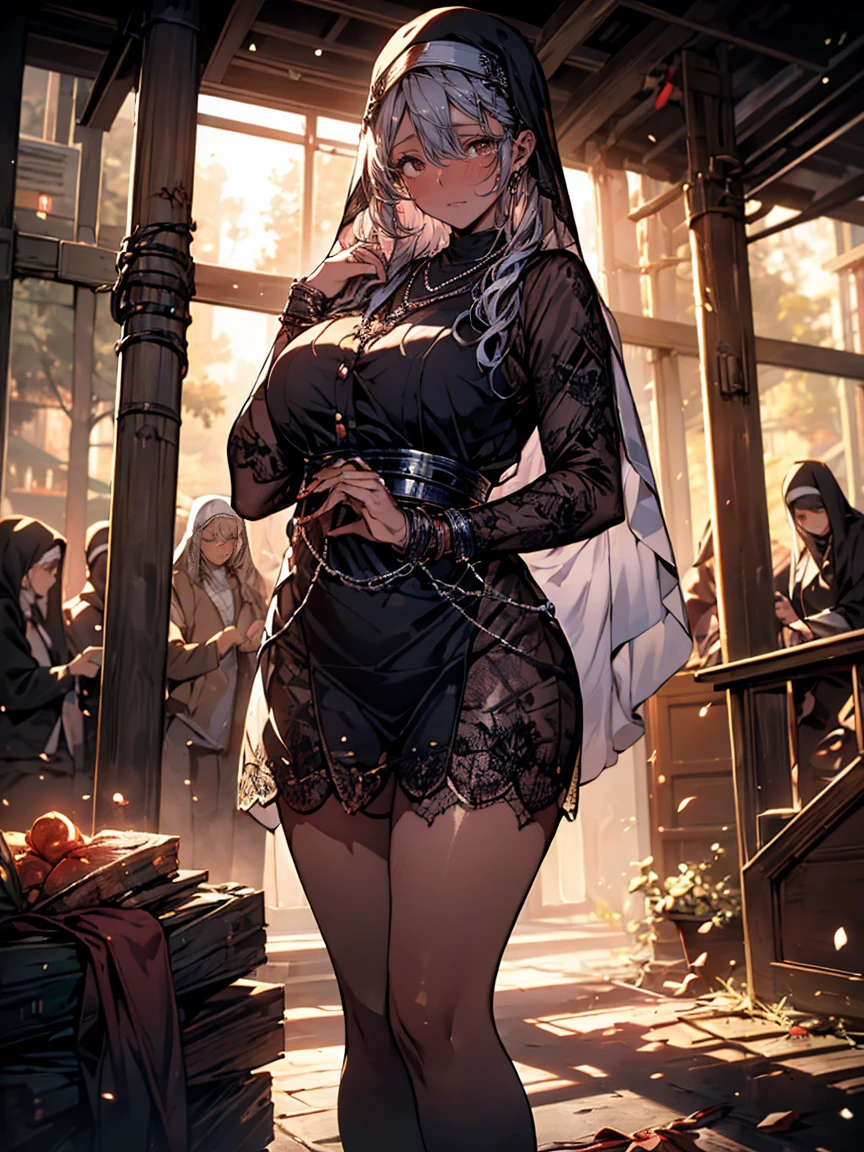 ((nun:1.3,woman)),((Clothes,button-down)),((See-through dress:1.0)),{Mature Woman},(Ecstasy:1.2),((tears:1.1)),Professional Illustration,{Squint eyes},Very detailed, Dynamic Angle, ((Perfect hands)), Smooth, lustrous skin, Thin Hair, Beautiful Eyes, Great background,Cinema Lighting, Ray Tracing, Sacred Light, perspective,(lace panties),(At church),(Embarrassing,blush),(Ahegao:1.2),hair, ((((Red eye)))) ,((legs apart)), tied back with a rope, chained, hands chained, Bondage, slave collars, chains around the neck, in a dark basement, cobblestones with an eerie cold atmosphere, tied behind the hands with ropes, ((silver big chains, hung by chains, pulled up by chains)), ((Restraints, slaves)), contempt, tears, shackles, shackles, charm, submission, necklaces, oily skin, 