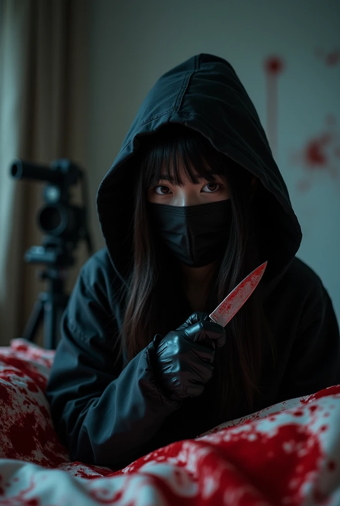 korean girl, (behind corpse, holding knife), black surgical mask, black leather gloves, room full of blood, black raincoat, hood up, holding knife, leather gloves, woman on top, behind corpse, blood splatter, bed room, night, mass murderer, killer, long bangs, blood splatter, dark atmosphere, cinematic lighting, atmospheric realistic, red lighting, close-up, tripod and camera in the back, shooting with camera